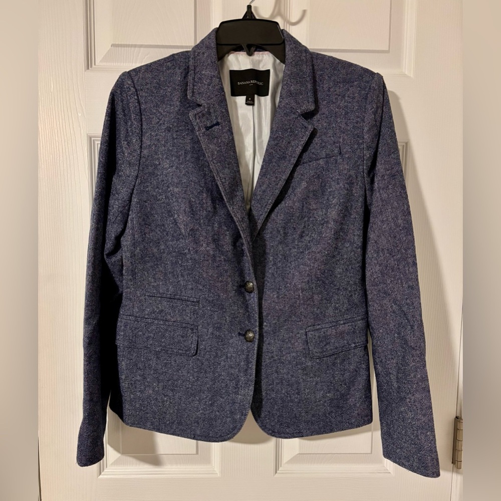 Women’s Banana Republic Navy blue tweed-like lined blazer jacket size 8